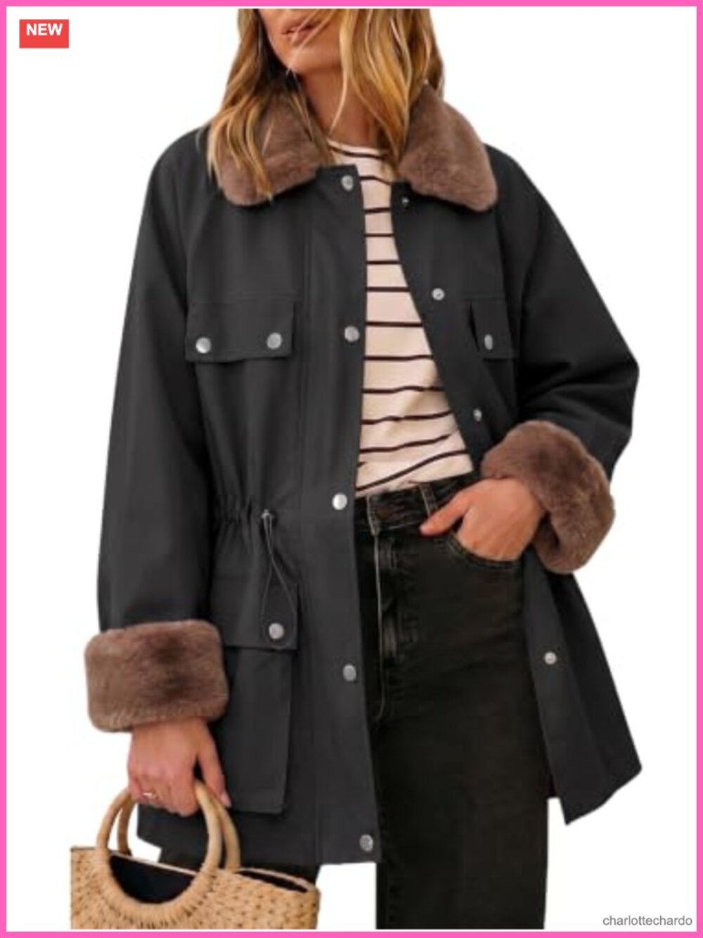 EXLURA Faux Fur Collar Trench Coat Zip Up Utility Jacket Mid-Length